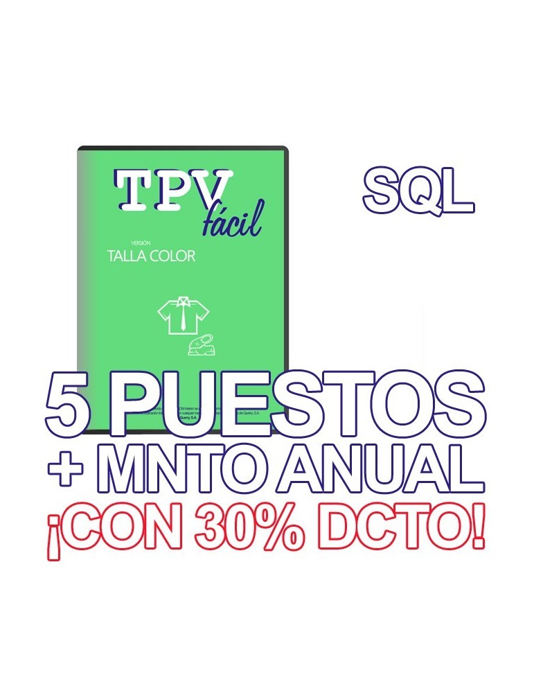 TPVFÁCIL Talla Color + MNTO SQL, 5 puestos
