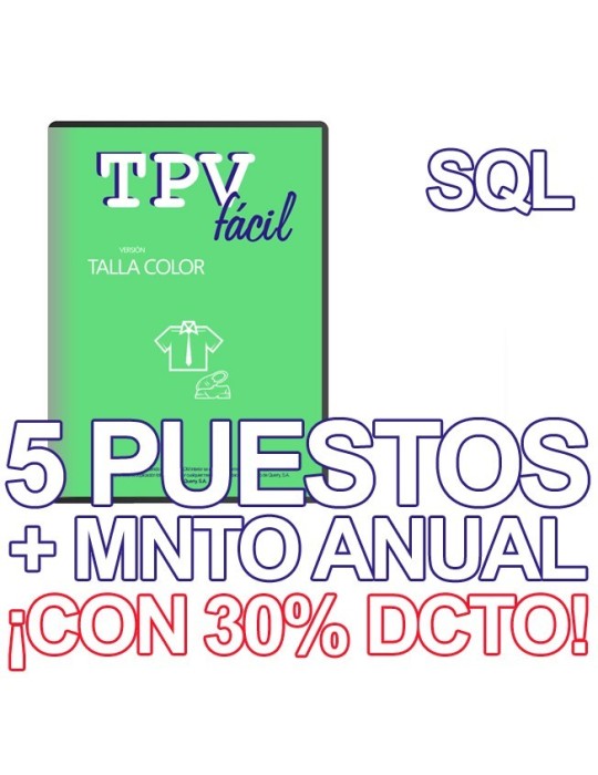 TPVFÁCIL Talla Color + MNTO SQL, 5 puestos
